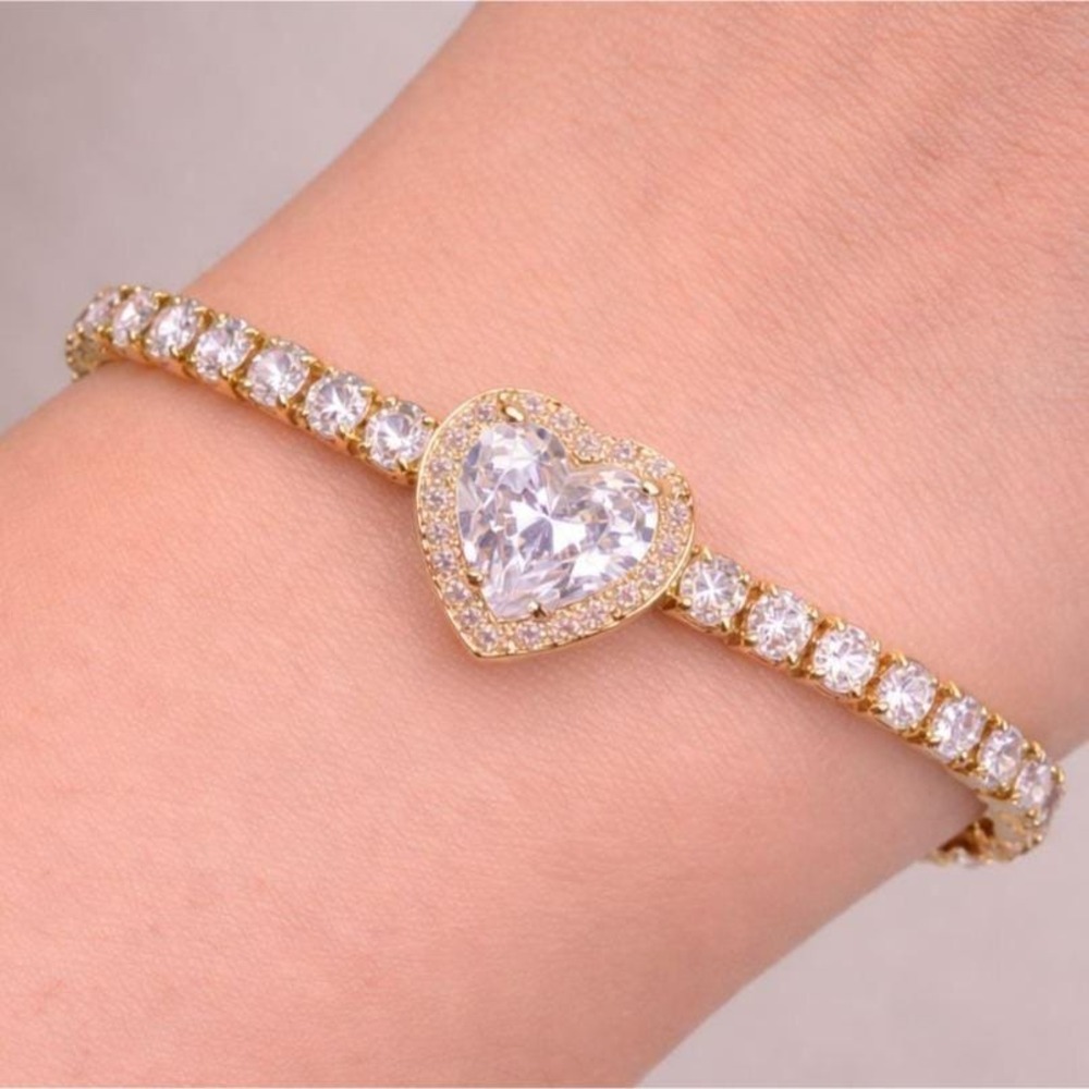 Vtg Slider Tennis Bracelet Gold Overlay HEART Halo Made with Swarovski‎ Crystals